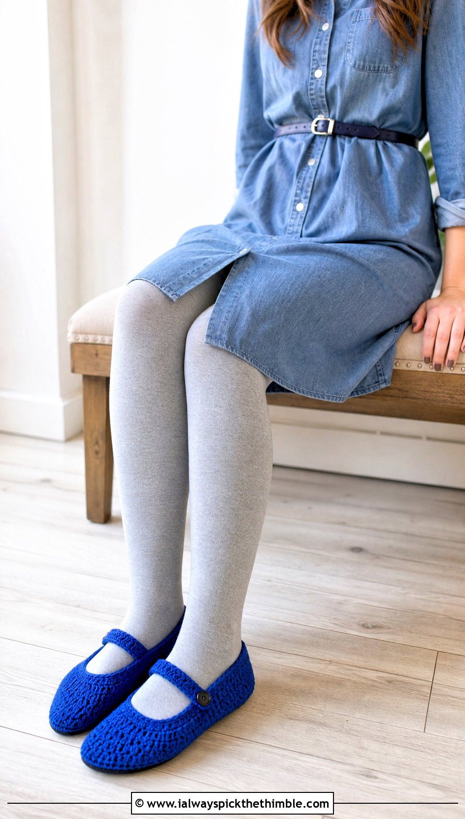 Electric Blue Mary Jane Crochet Slippers With A Denim Dress - 15 blue crocheted slippers on wooden floor outfit ideas