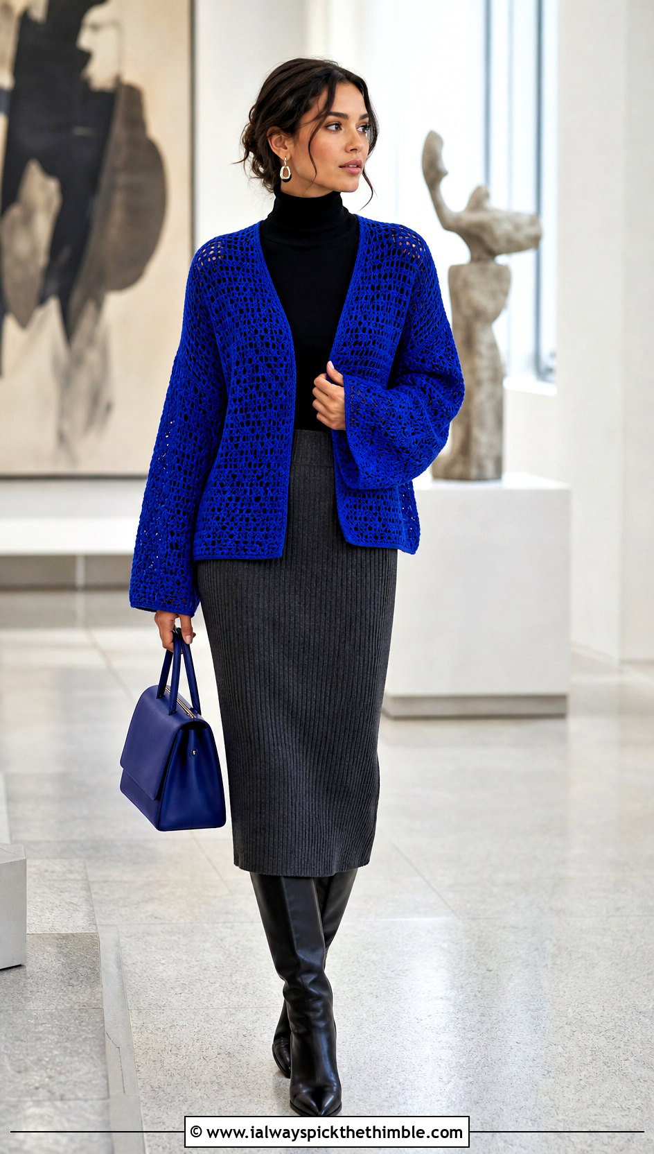 Electric Blue Sunset Crochet Sweater With Knit Midi Skirt - 20 Sunset Crochet Sweater outfit ideas