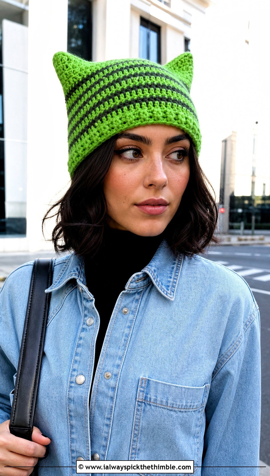 Electric Green Clancy Crochet Beanie With Double Denim - 20 clancy beanie crochet outfit ideas