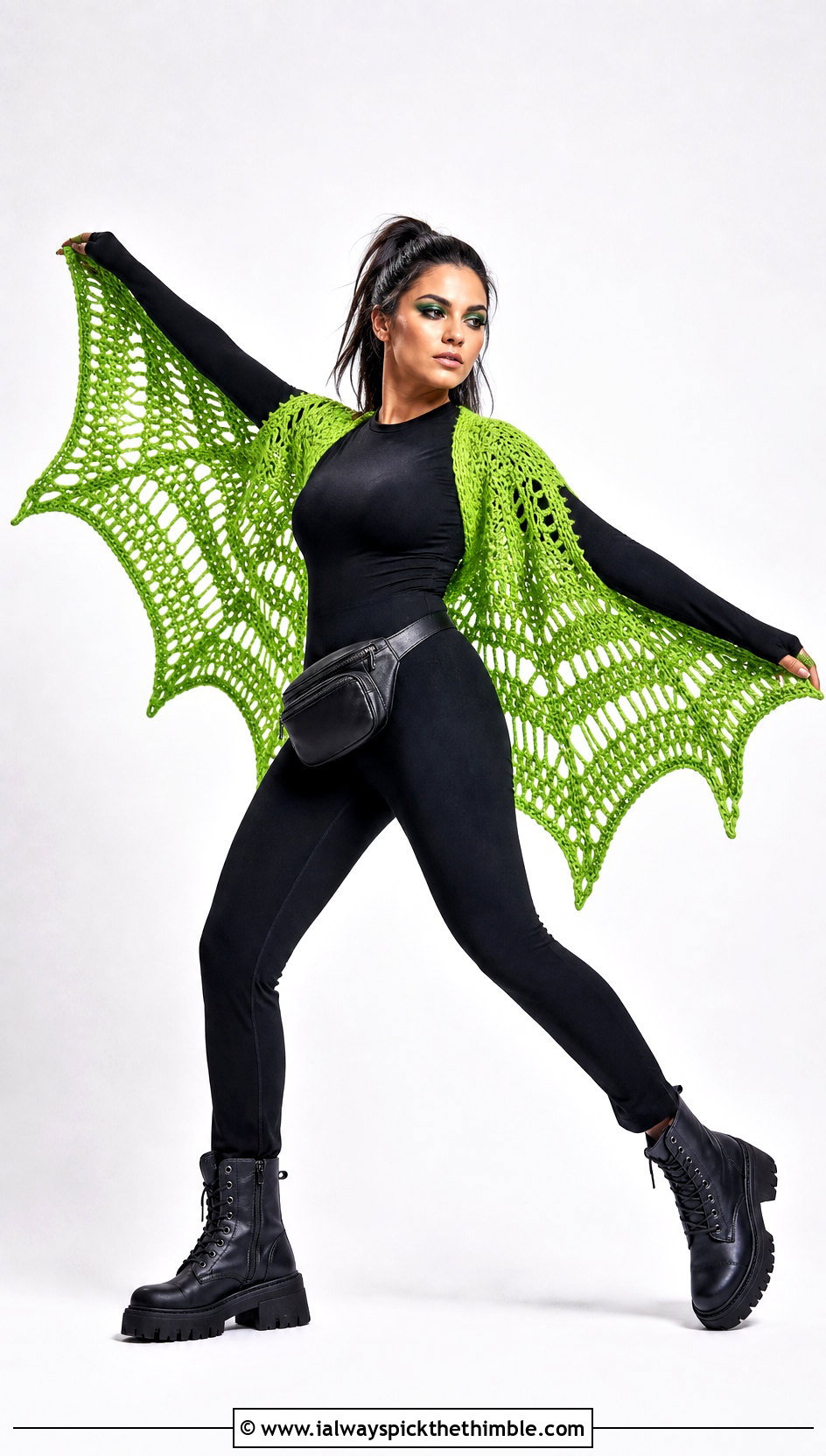 Electric Green Crochet Bat Wing Shawl And Catsuit Costume - 15 crochet halloween costumes women outfit ideas