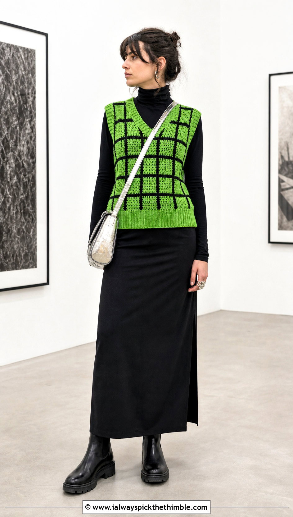 Electric Green Crochet Wednesday Addams Vest With Black Maxi Skirt - 15 Crochet Wednesday Addams Vest outfit ideas