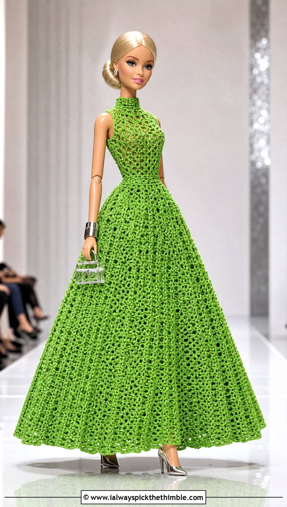 Electric Green High Neck Crochet Barbie Ball Gown - 20 crochet barbie ball gowns outfit ideas