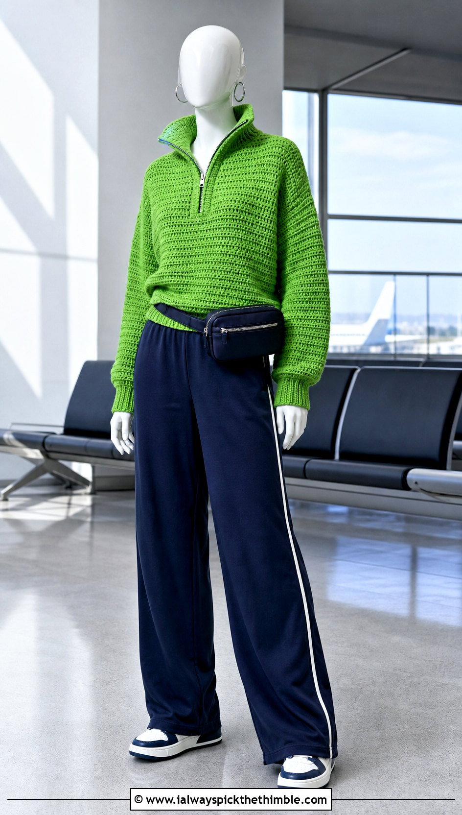 Electric Green Zip Neck Crochet Sweater With Track Pants - 15 Green Crochet Sweater On Mannequin outfit ideas