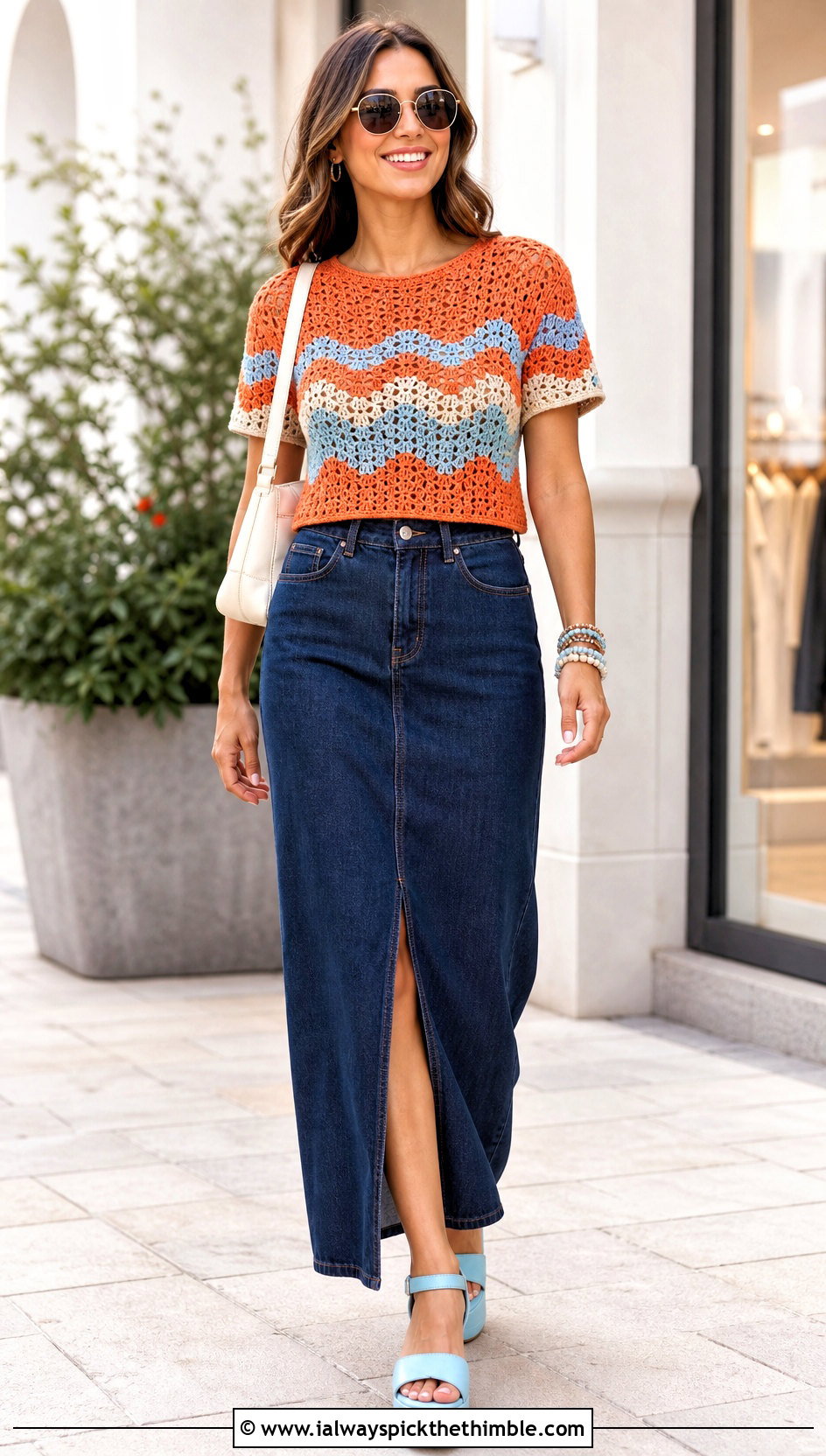 Electric Sun Crochet Tee With Denim Maxi Skirt - 15 electric sun crochet tee outfit ideas