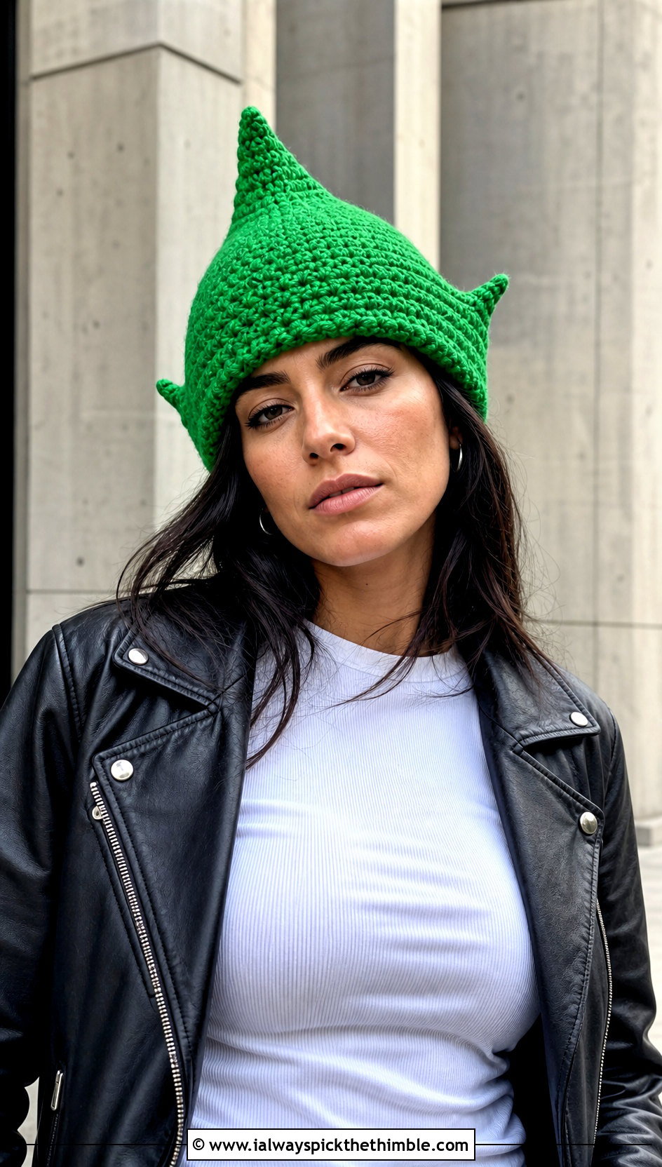 Elf Point Crochet Hat With Leather Jacket And Cargo Pants - 20 Pointed Crochet Hat outfit ideas