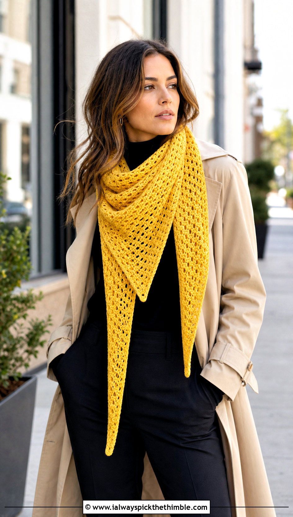 Elongated Triangle Sideways Crochet Shawl With Trench Coat - 20 Sideways Crochet Shawl outfit ideas