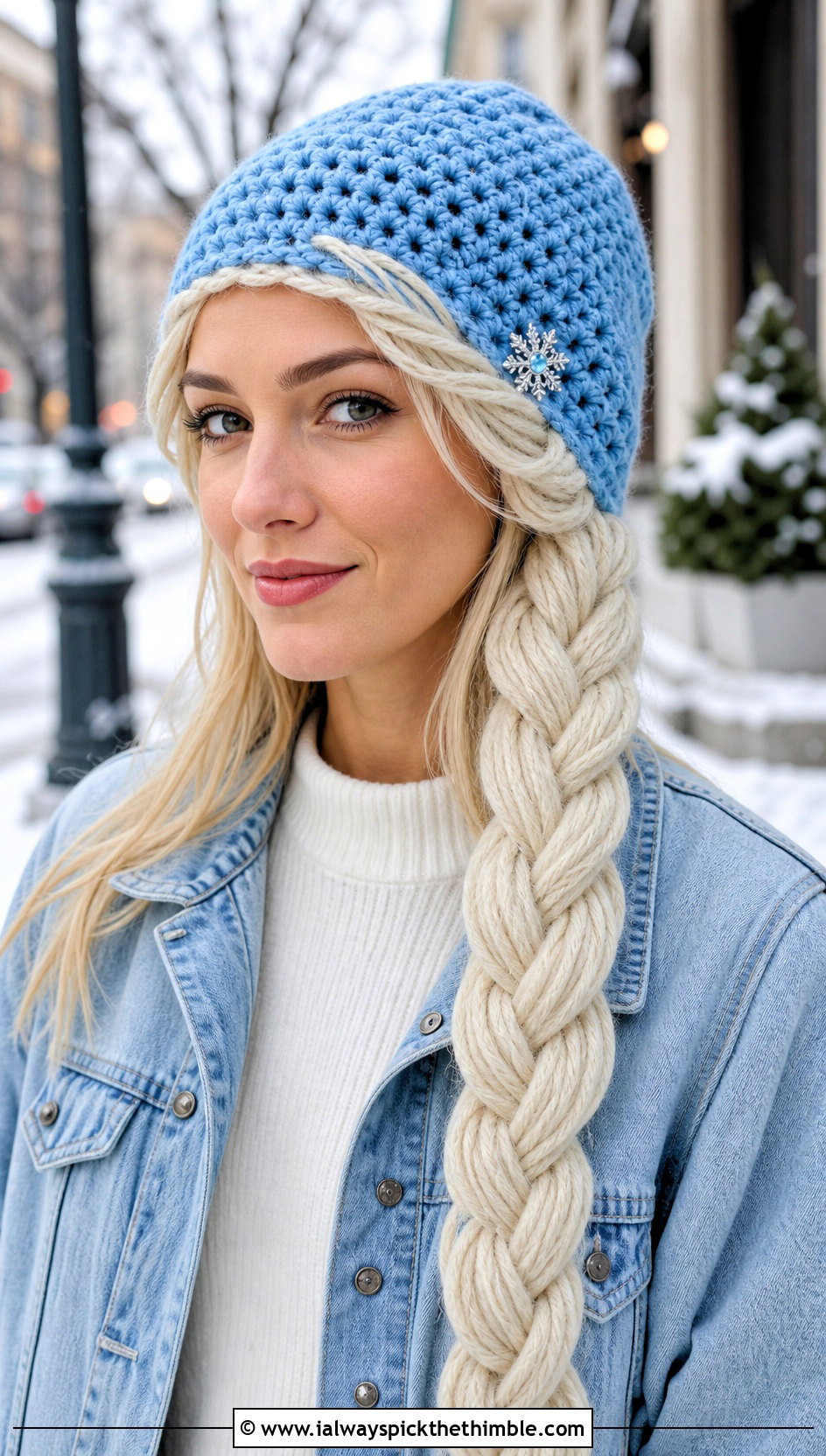 Elsa Braid Beanie With Denim Jacket - 15 Crocheted Elsa Hat outfit ideas