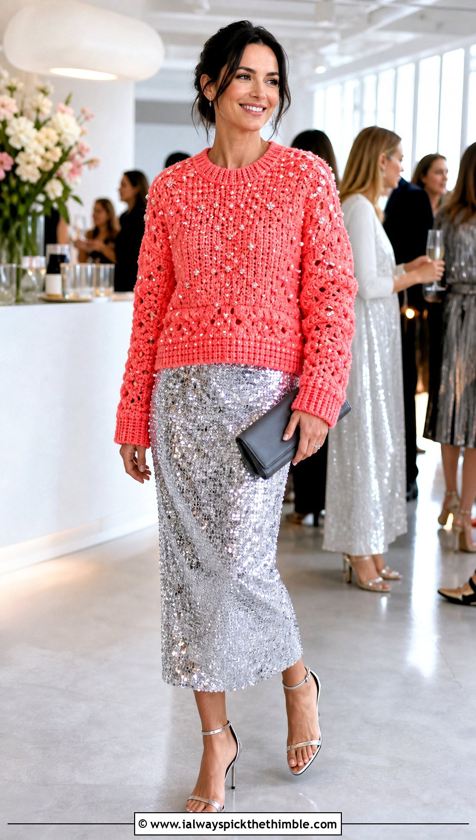 Embellished Crochet Barbie Sweater With Sequin Skirt - 20 crochet barbie sweater outfit ideas
