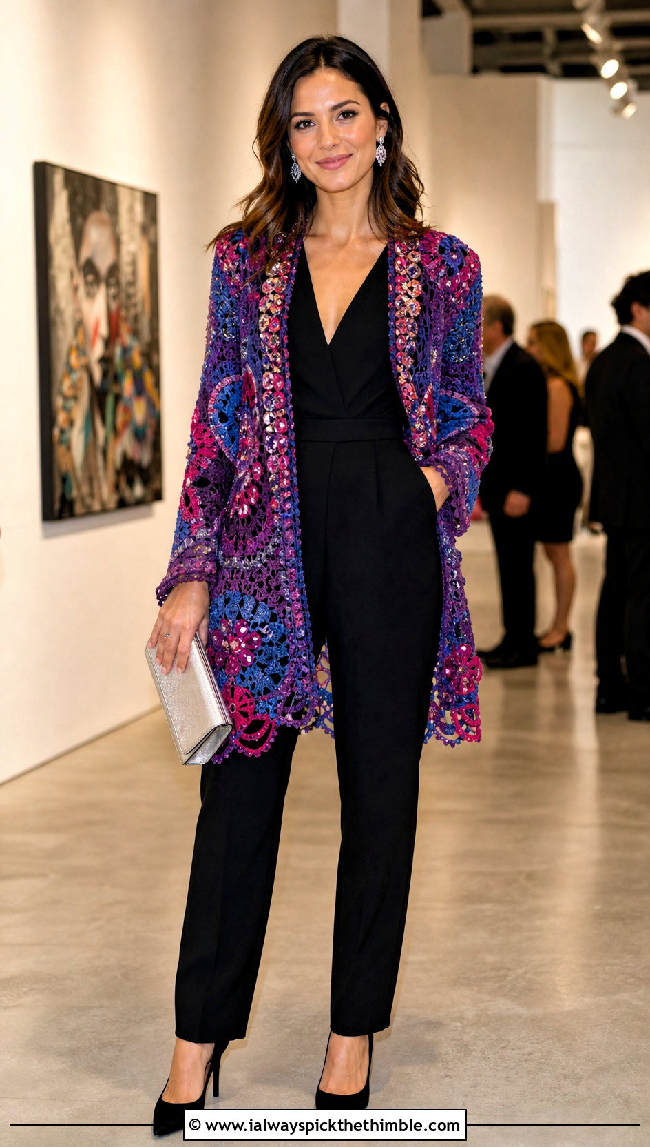 Embellished Crochet Cardigan With Black Jumpsuit - 25 crochet cardigans for women outfit ideas