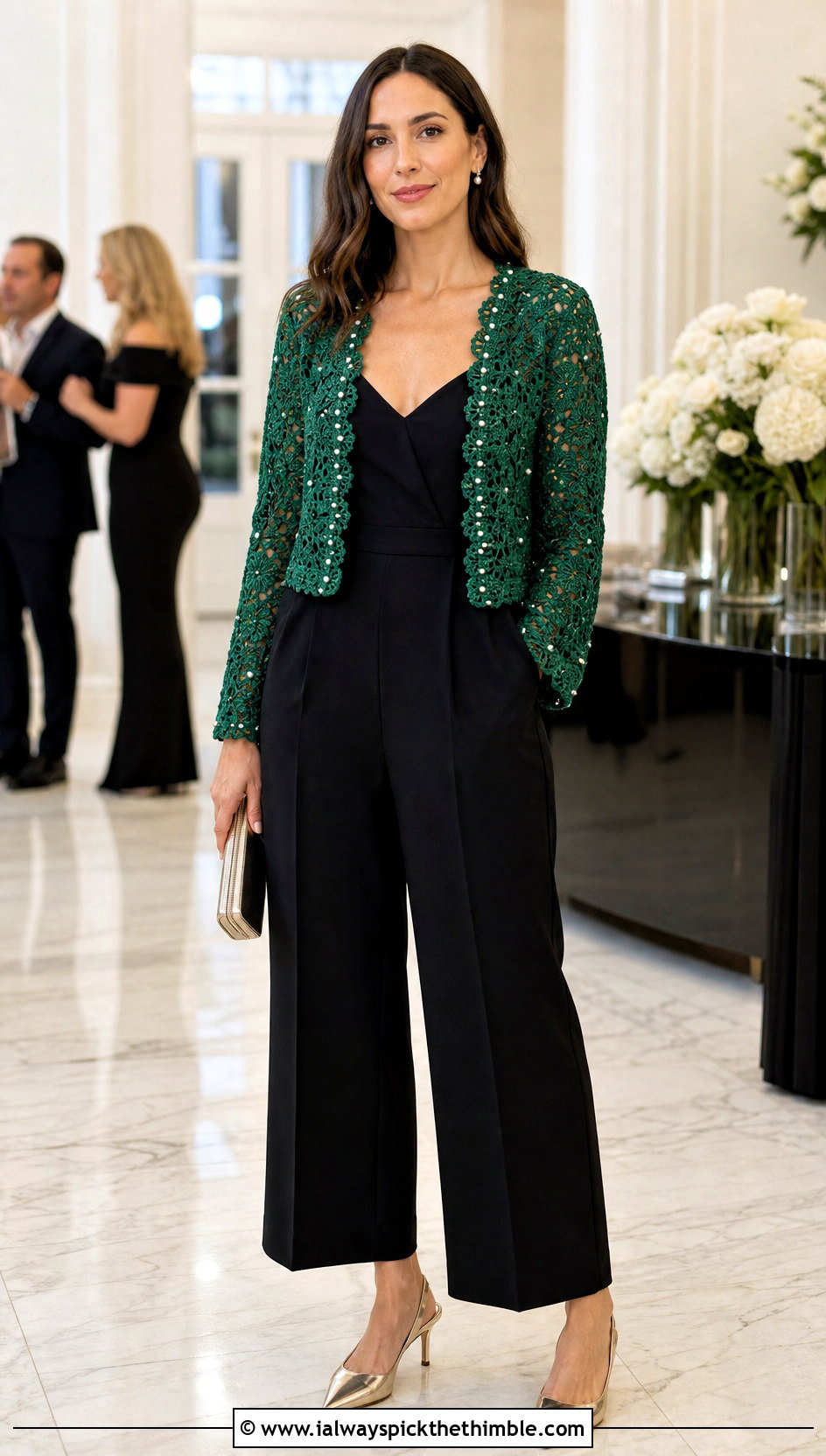 Embellished Crochet Cardigan With Tailored Jumpsuit - 20 elegant crochet cardigan outfit ideas