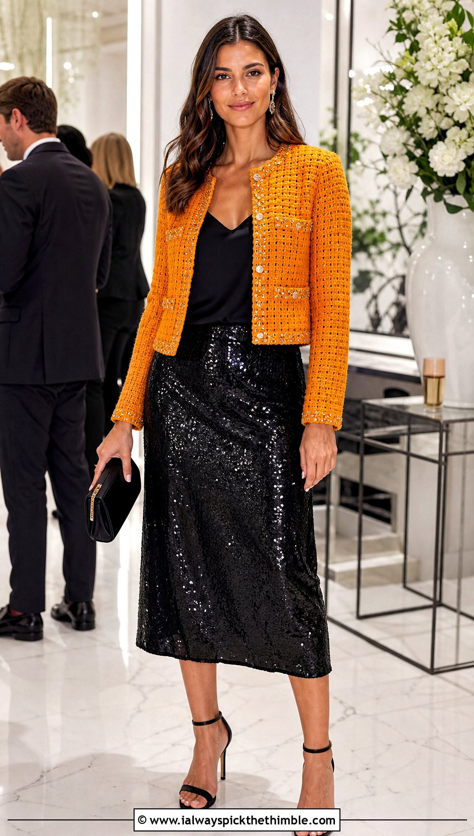 Embellished Crochet Chanel Jacket With Sequin Midi Skirt - 20 crochet chanel jacket outfit ideas