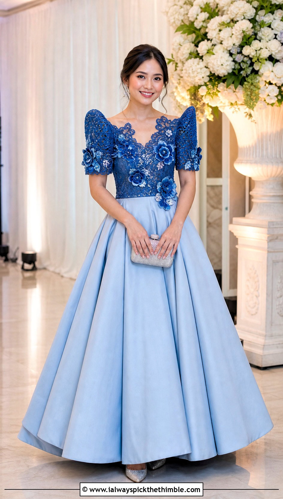 Embellished Crochet Filipiniana Top With Ball Skirt - 25 crochet filipiniana top outfit ideas