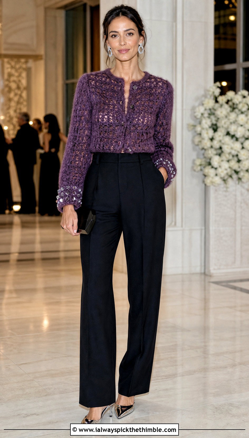 Embellished Crochet Mohair Cardigan With Tuxedo Pants - 25 crochet mohair cardigan outfit ideas