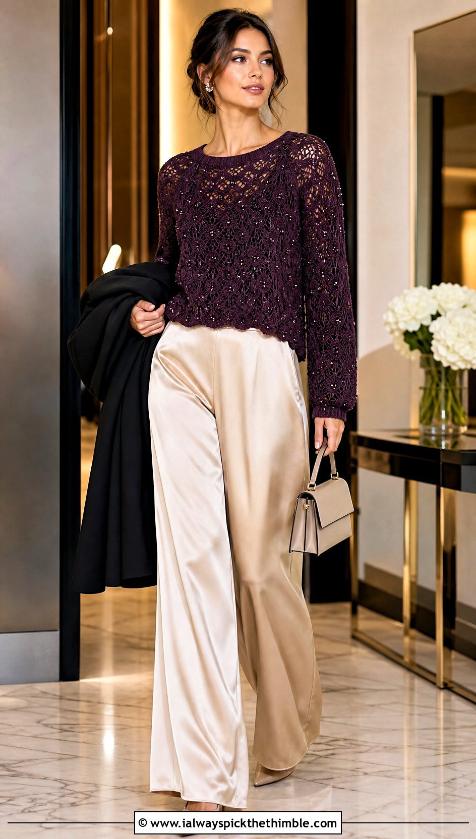 Embellished Crochet Sweater With Satin Trousers - 20 winter crochet sweater outfit ideas