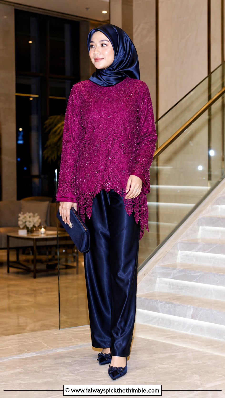 Embellished Crochet Top With Satin Trousers - 20 crochet top hijabi outfit ideas