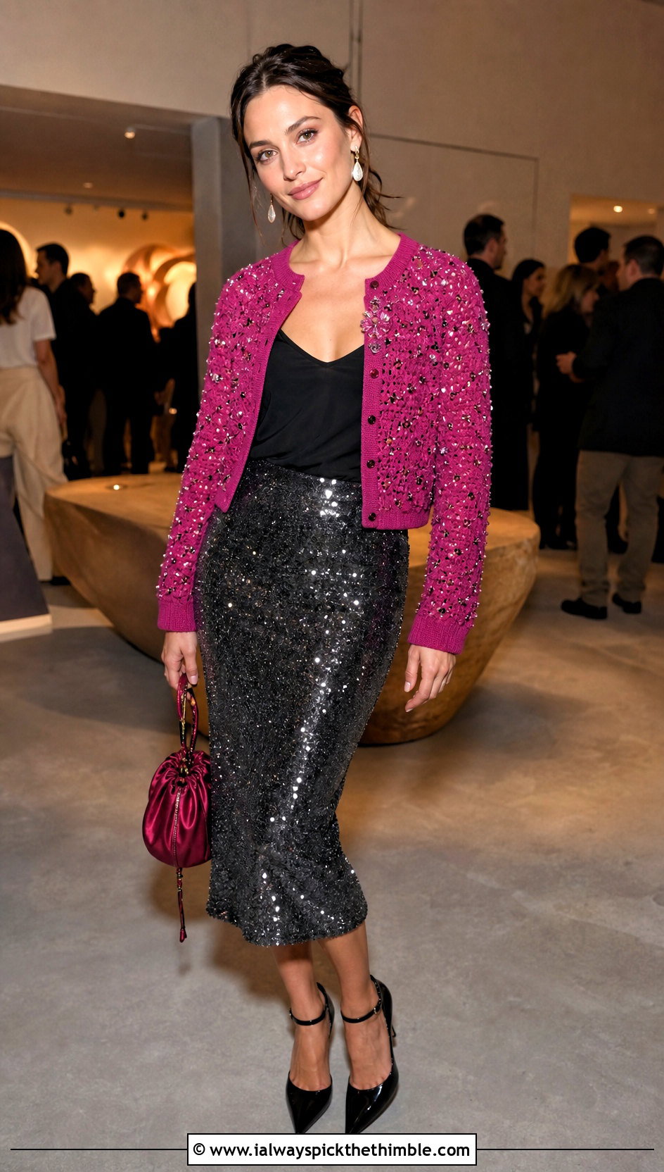 Embellished Miu Miu Crochet Cardigan With Sequin Midi Skirt - 20 Miu Miu Crochet Cardigan outfit ideas