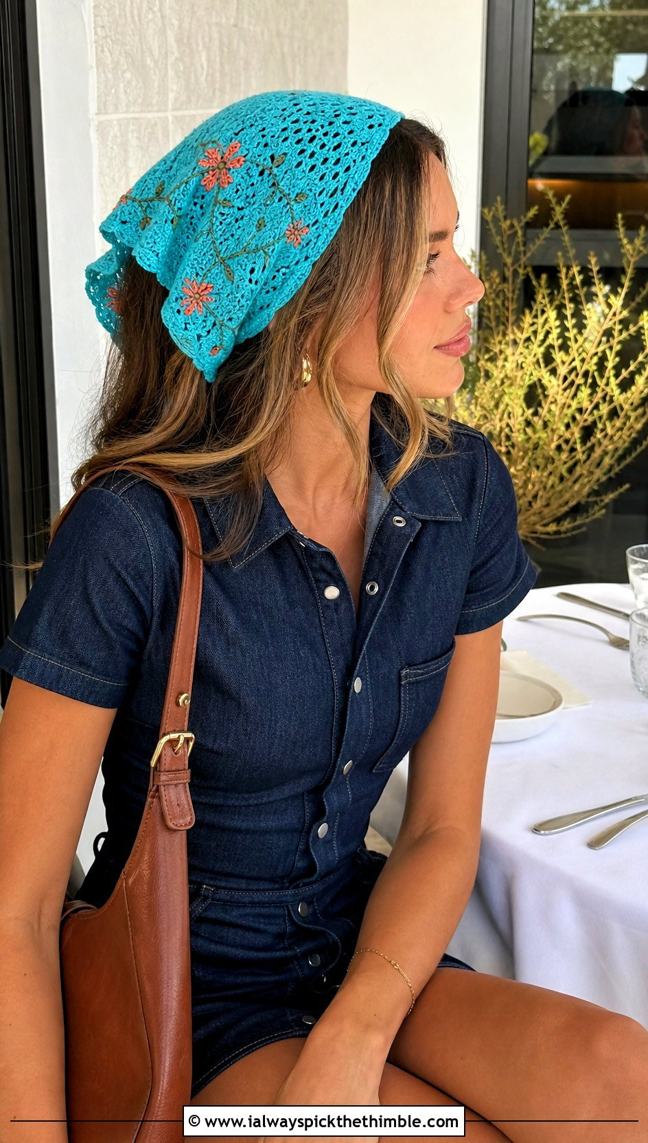 Embroidered Crochet Bandana Scarf With Denim Dress - 25 crochet bandana scarf outfit ideas