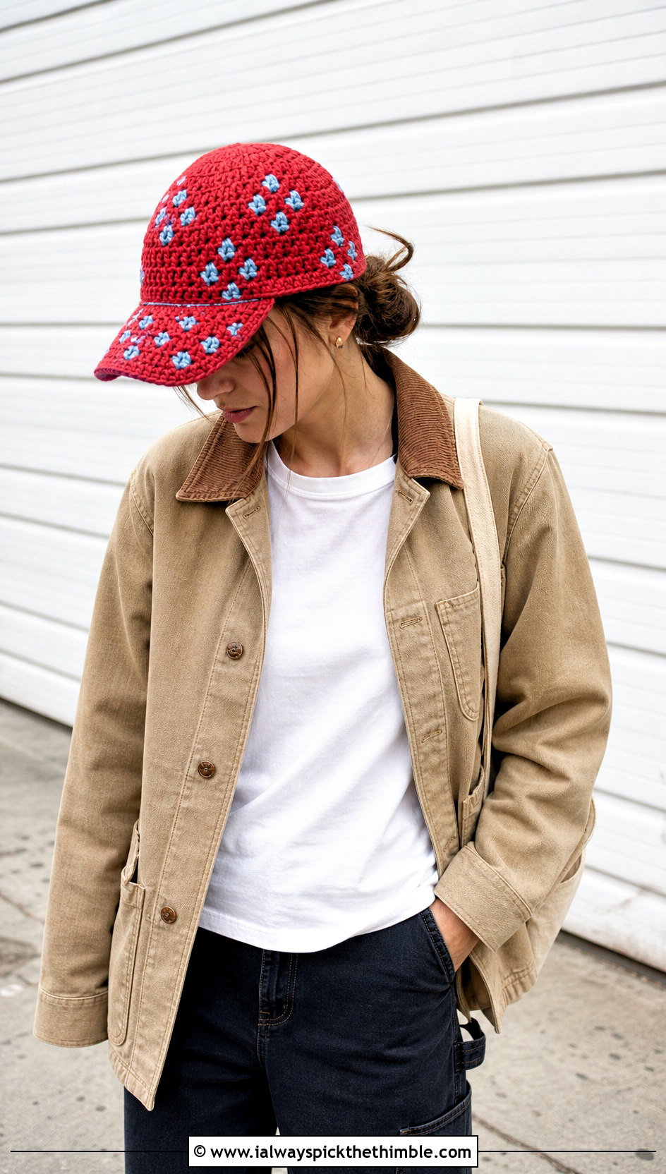 Embroidered Crochet Baseball Cap With Workwear Jacket And Carpenter Jeans - 20 crochet baseball cap outfit ideas
