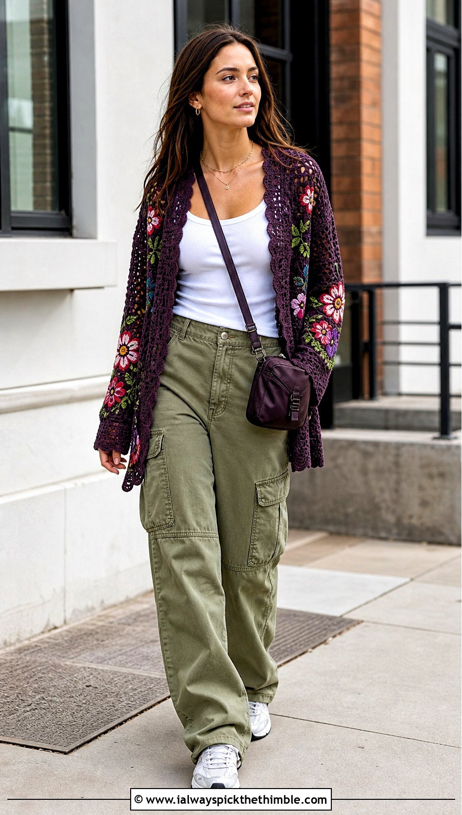 Embroidered Crochet Cardigan With Cargo Pants - 20 Crochet Fancy Cardigan outfit ideas