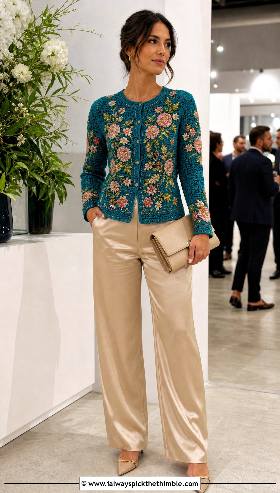 Embroidered Crochet Crew Neck Cardigan With Satin Pants - 20 crochet crew neck cardigan outfit ideas