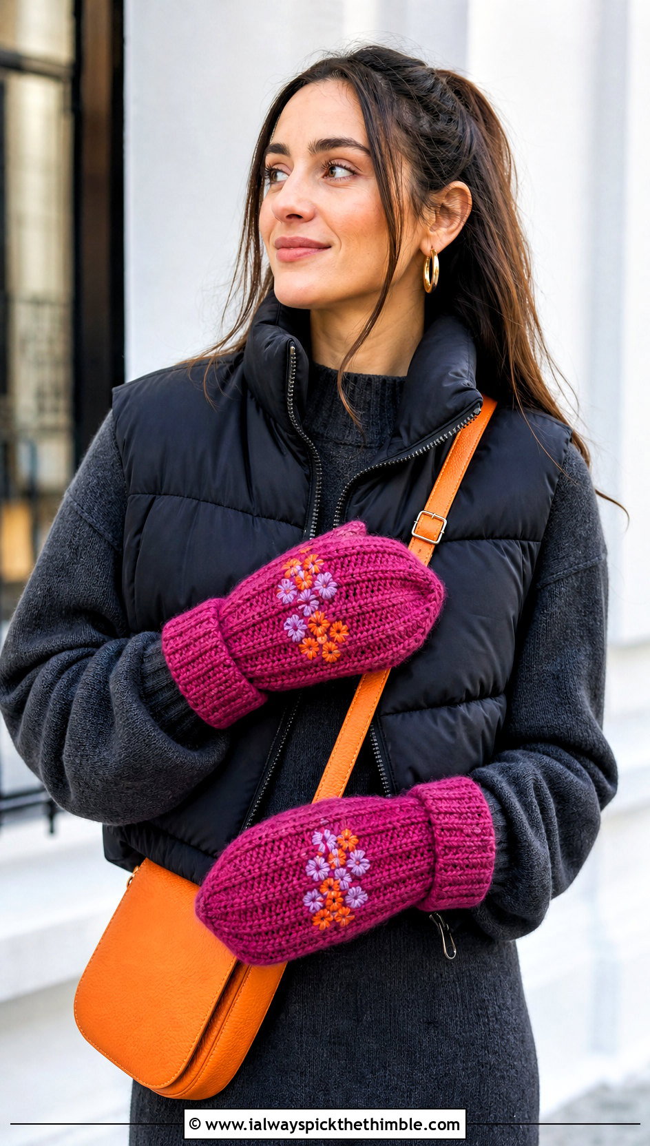Embroidered Crochet Ribbed Mittens With Puffer Vest And Sweater Dress - 15 Crochet Ribbed Mittens outfit ideas