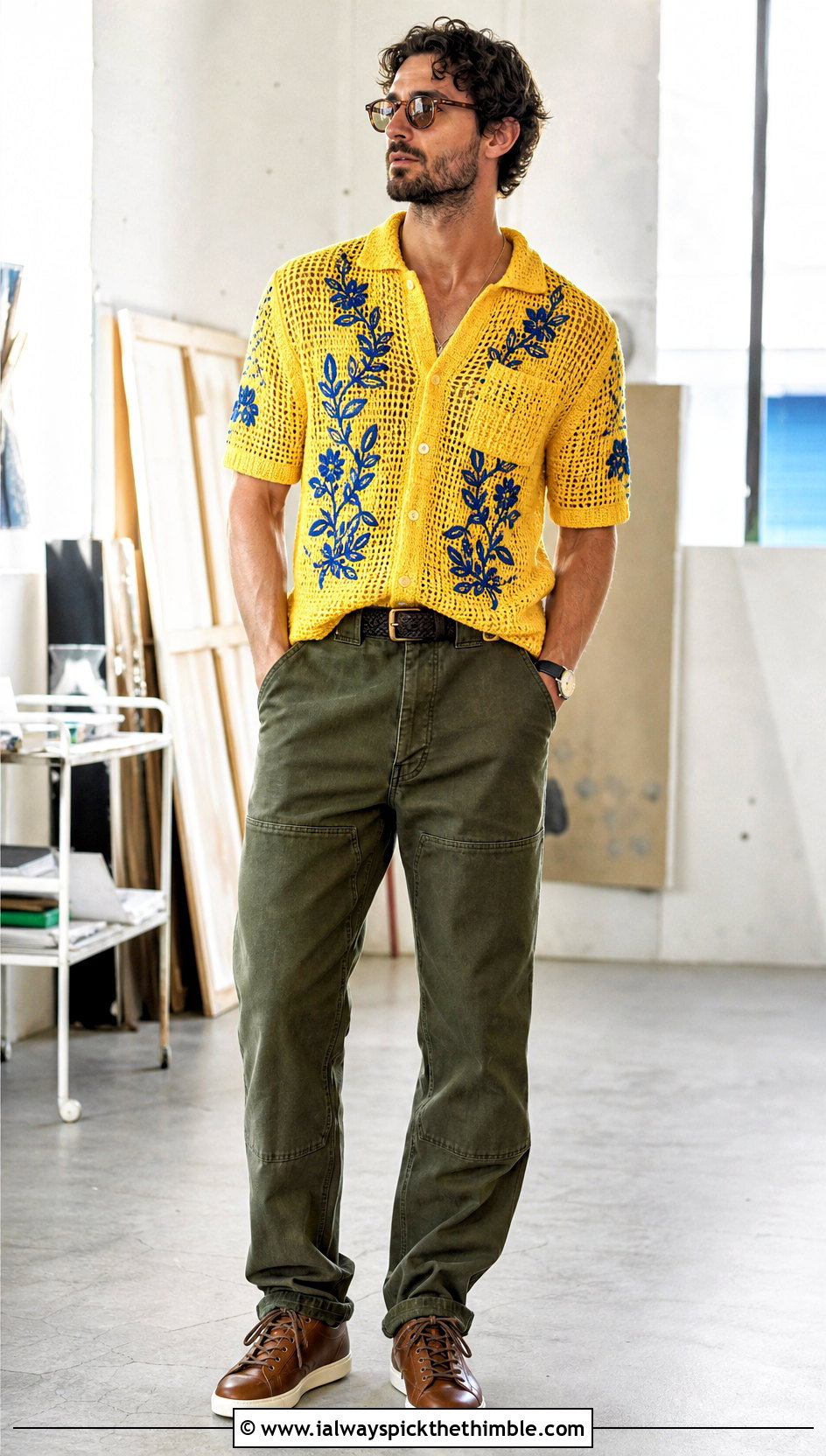 Embroidered Crochet Shirt With Double Knee Pants - 25 mens crochet shirt outfit ideas