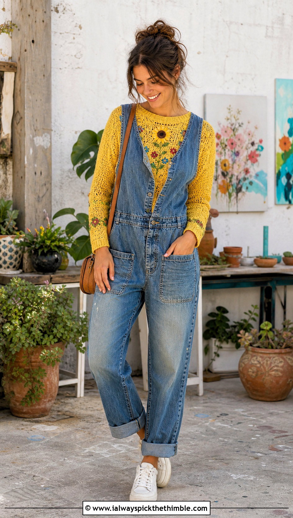 Embroidered Crochet Sweater With Utility Jumpsuit - 20 vintage crochet sweater outfit ideas