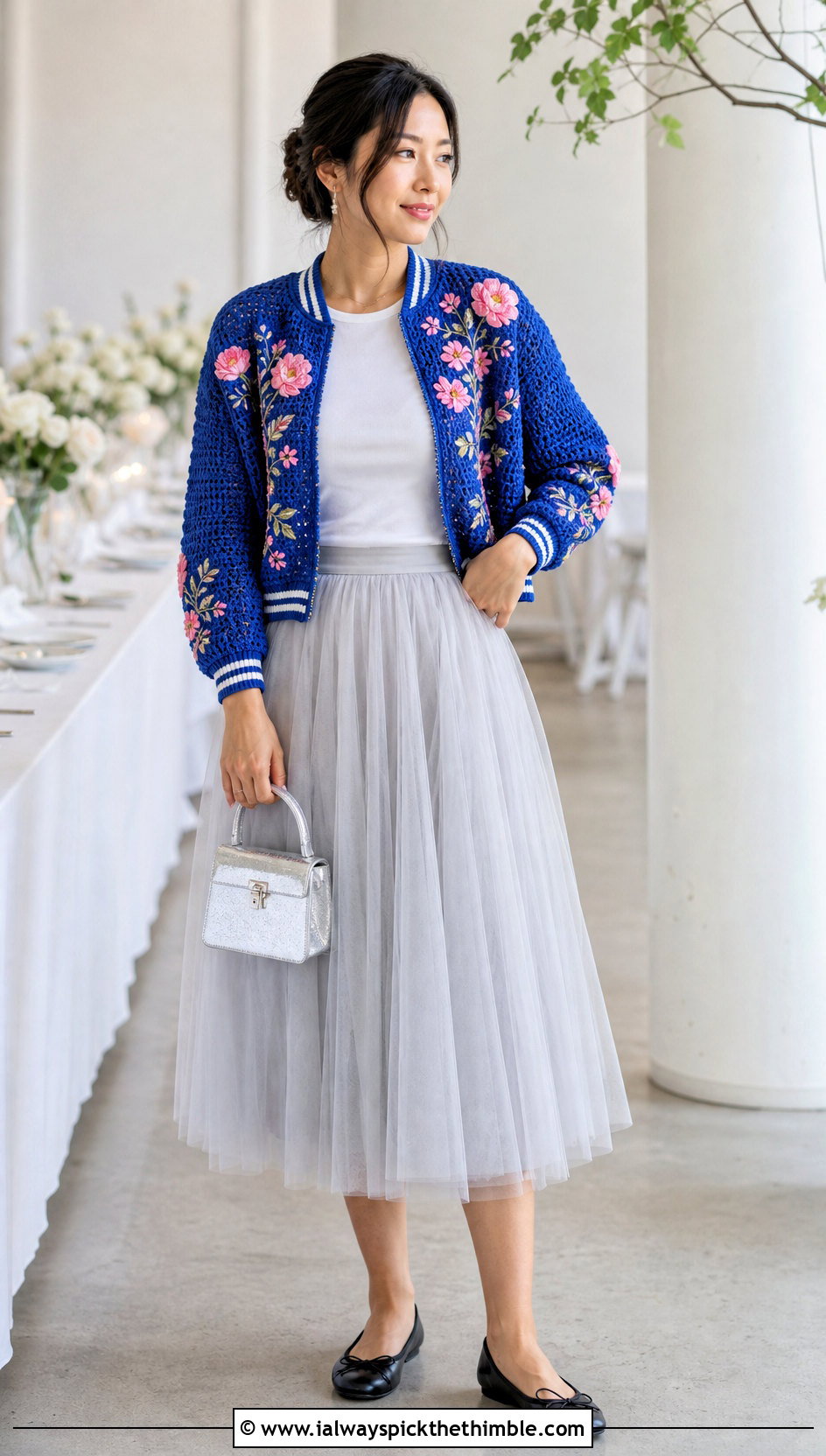 Embroidered Crochet Varsity Jacket With Tulle Skirt - 25 crochet varsity jacket outfit ideas