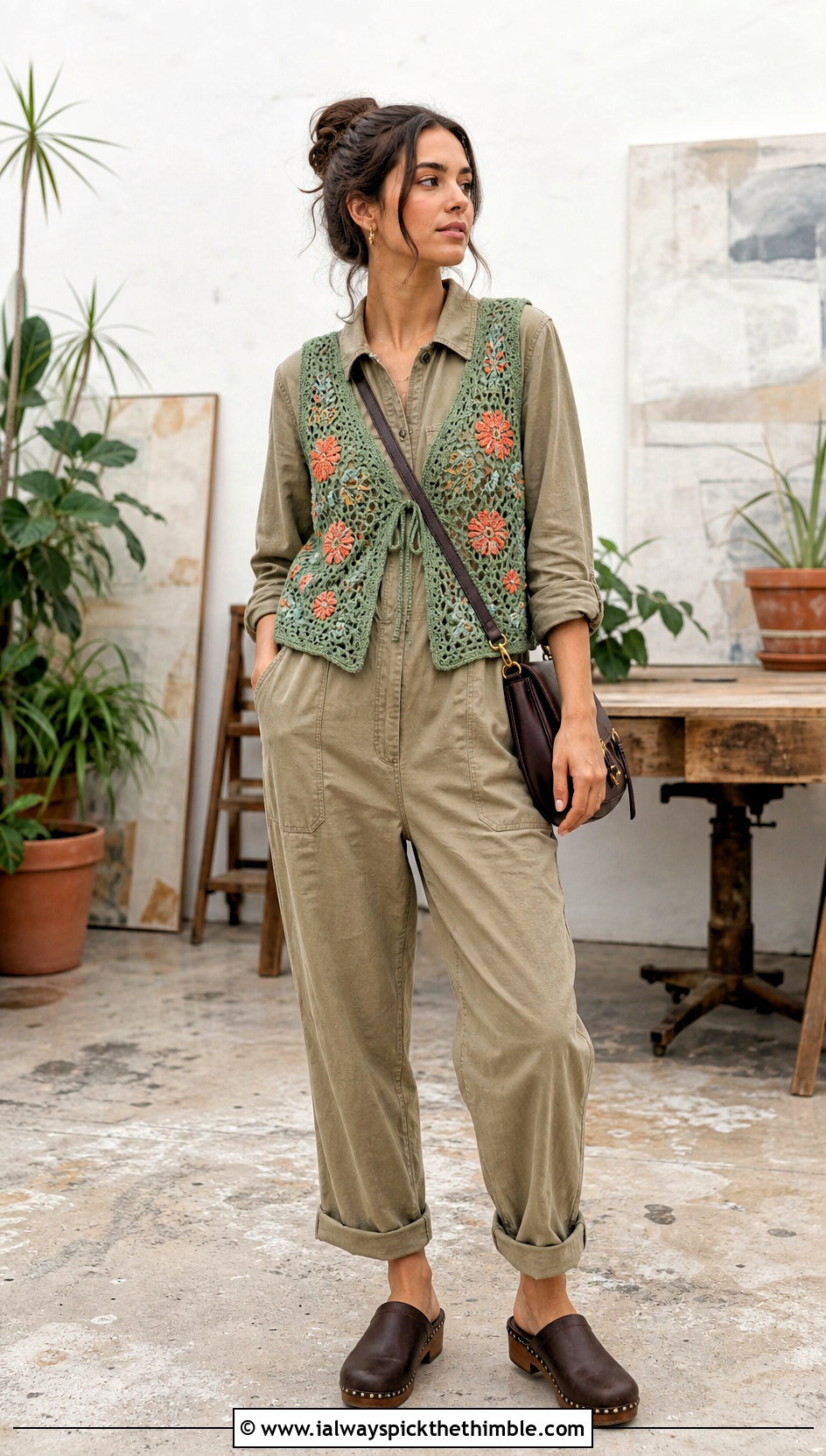 Embroidered Crochet Vest With A Utility Jumpsuit - 25 boho crochet vest outfit ideas