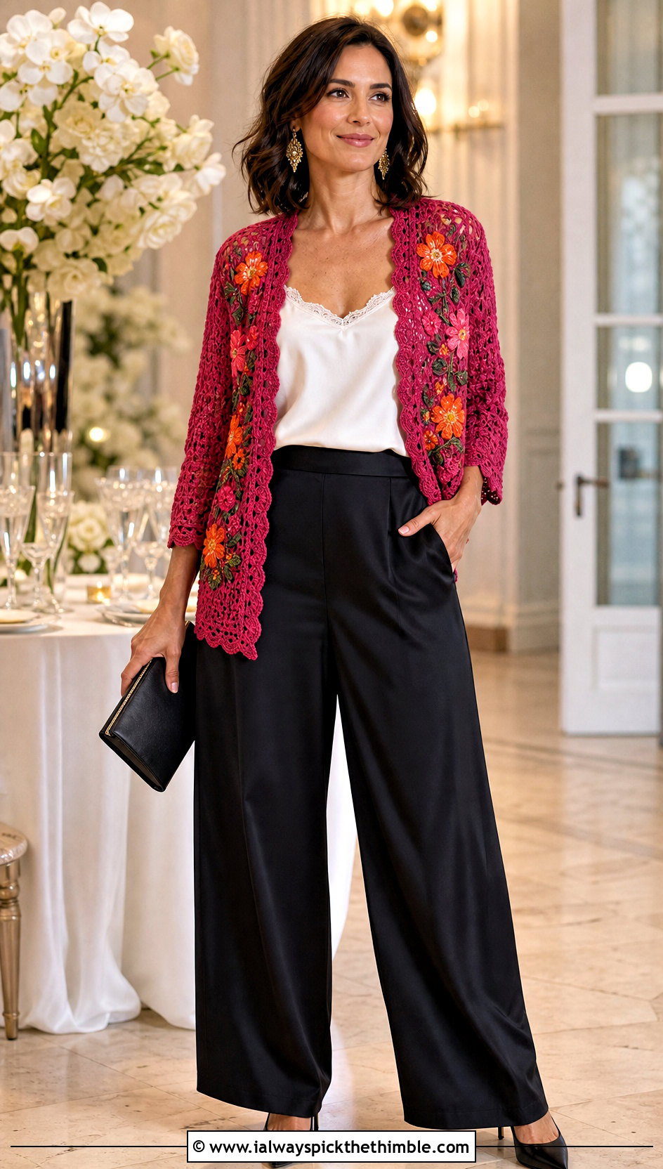 Embroidered Flower Crochet Cardigan With Satin Trousers - 20 Flower Crochet Cardigan outfit ideas