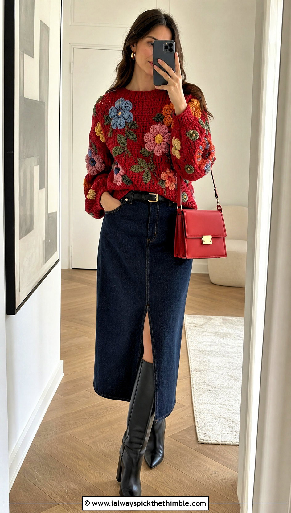Embroidered Flower Crochet Sweater With Denim Midi Skirt - 25 crochet sweater with flowers outfit ideas