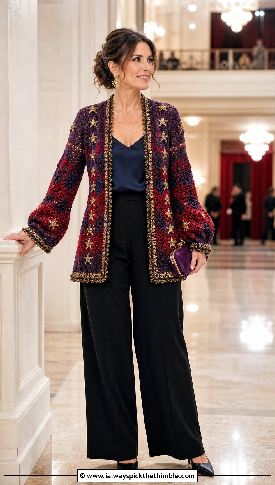 Embroidered Howl Crochet Cardigan With Evening Trousers - 20 Howl Crochet Cardigan outfit ideas