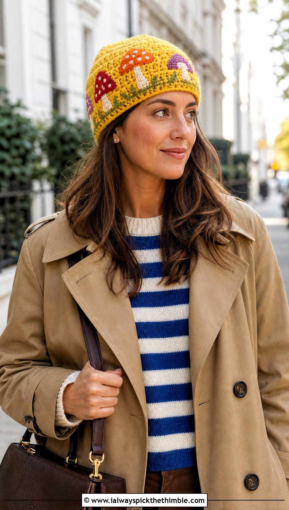 Embroidered Mushroom Beanie With Trench Coat And Loafers - 20 crochet mushroom beanie outfit ideas