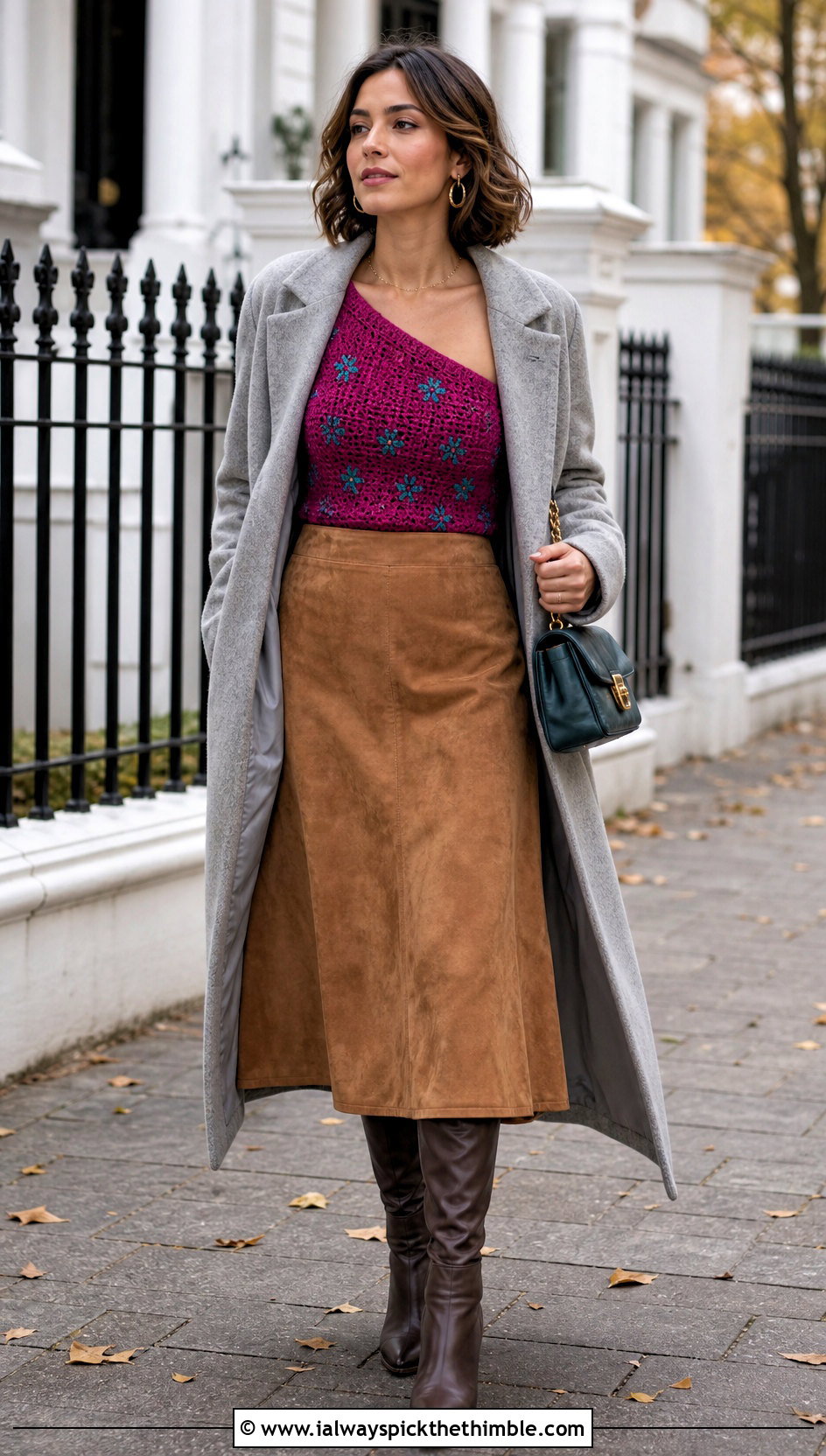Embroidered One Shoulder Crochet Top With Suede Midi Skirt - 25 one shoulder crochet top outfit ideas
