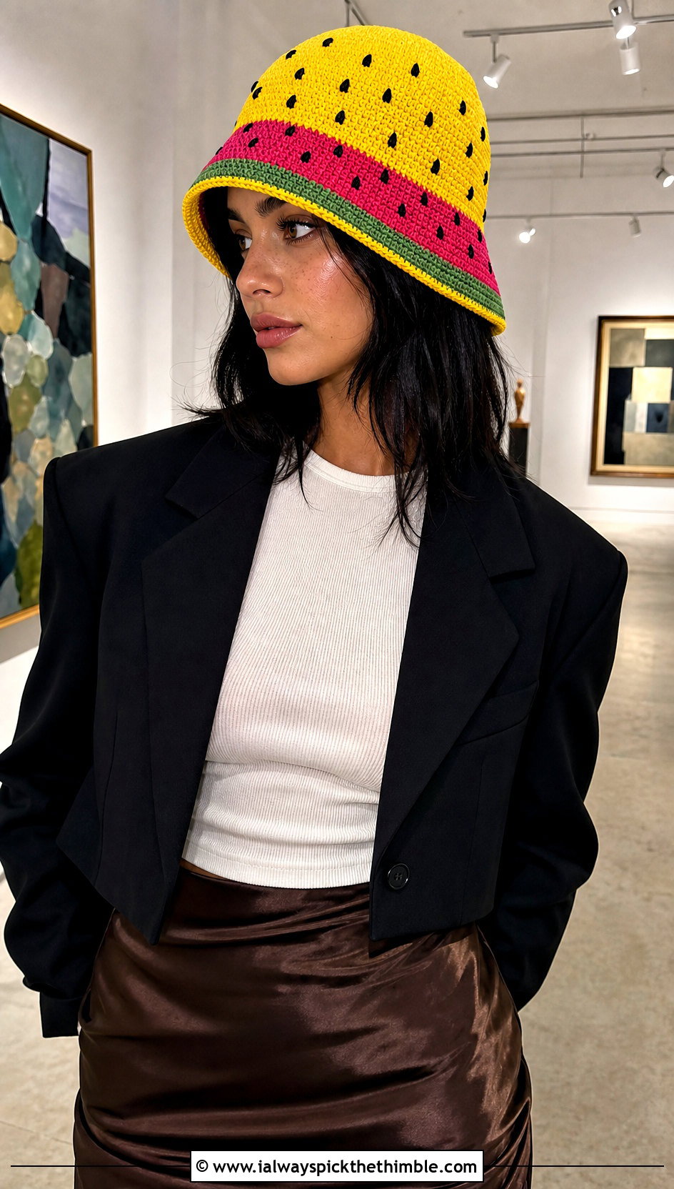 Embroidered Seed Crochet Watermelon Bucket Hat With Satin Skirt - 20 crochet watermelon bucket hat outfit ideas