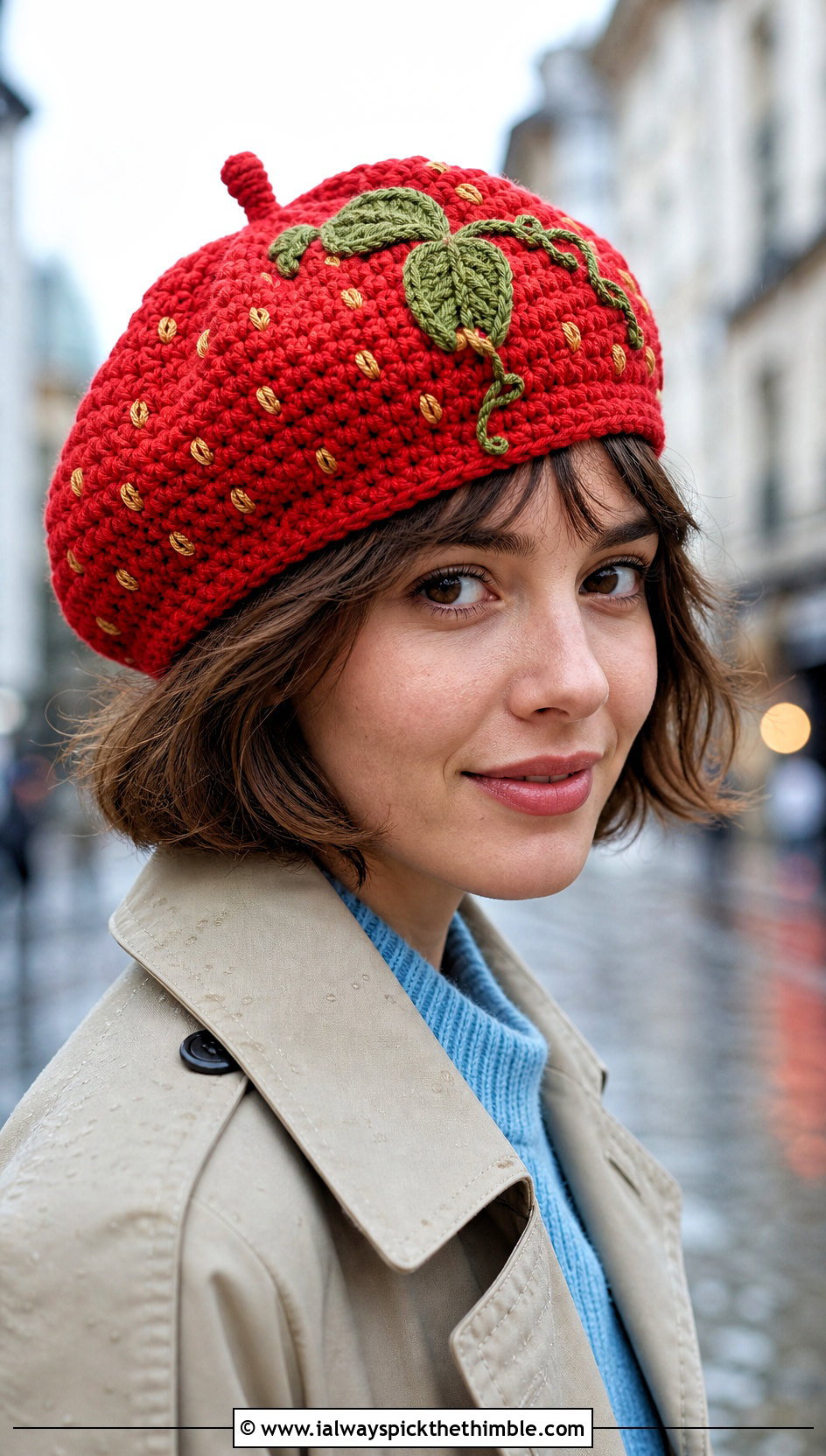 Embroidered Strawberry Crochet Beret With Trench Coat - 20 strawberry crochet beret outfit ideas