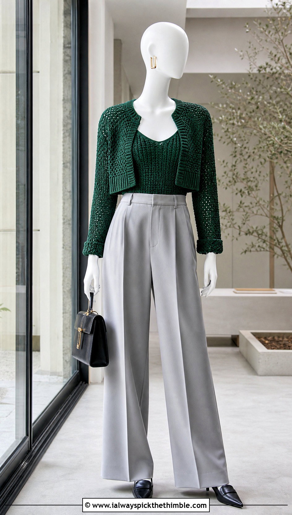 Emerald Cropped Raglan Crochet Sweater With Wide Leg Trousers - 15 Green Crochet Sweater On Mannequin outfit ideas