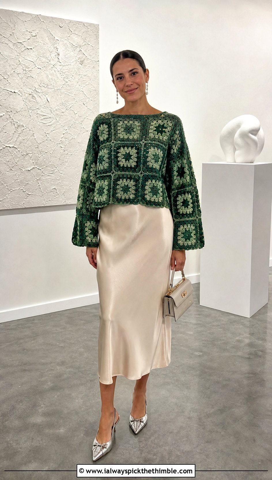 Emerald Granny Square Green Crochet Jumper With Satin Skirt - 20 green crochet jumper outfit ideas