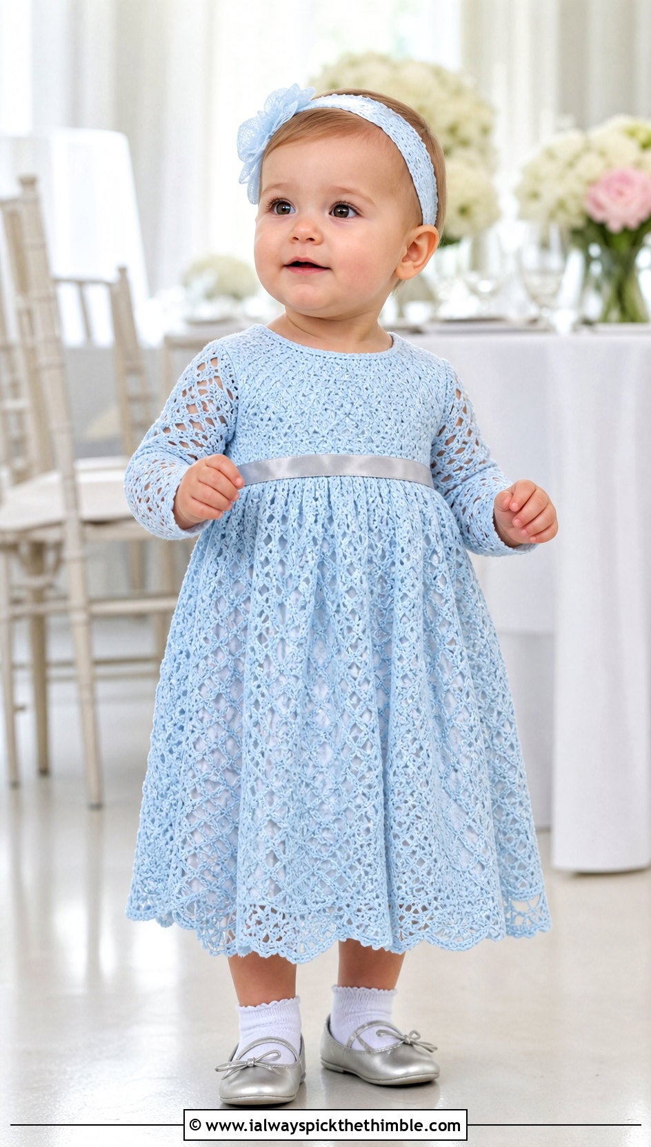 Empire Waist Crochet Blessing Dress With Satin Sash - 15 Crochet Blessing Dress outfit ideas
