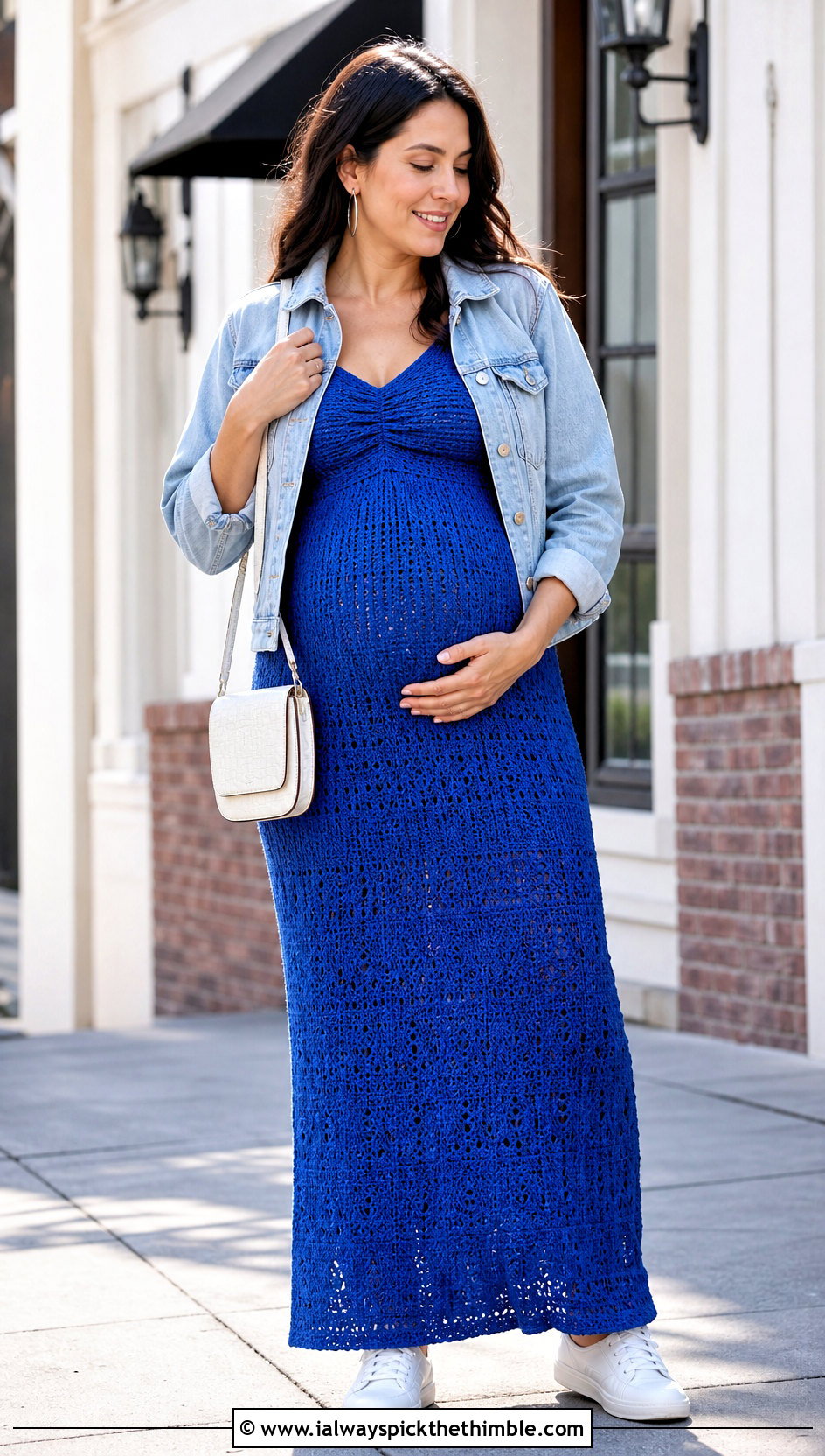 Empire Waist Crochet Maternity Maxi Dress With Denim Jacket - 15 maternity crochet dress outfit ideas