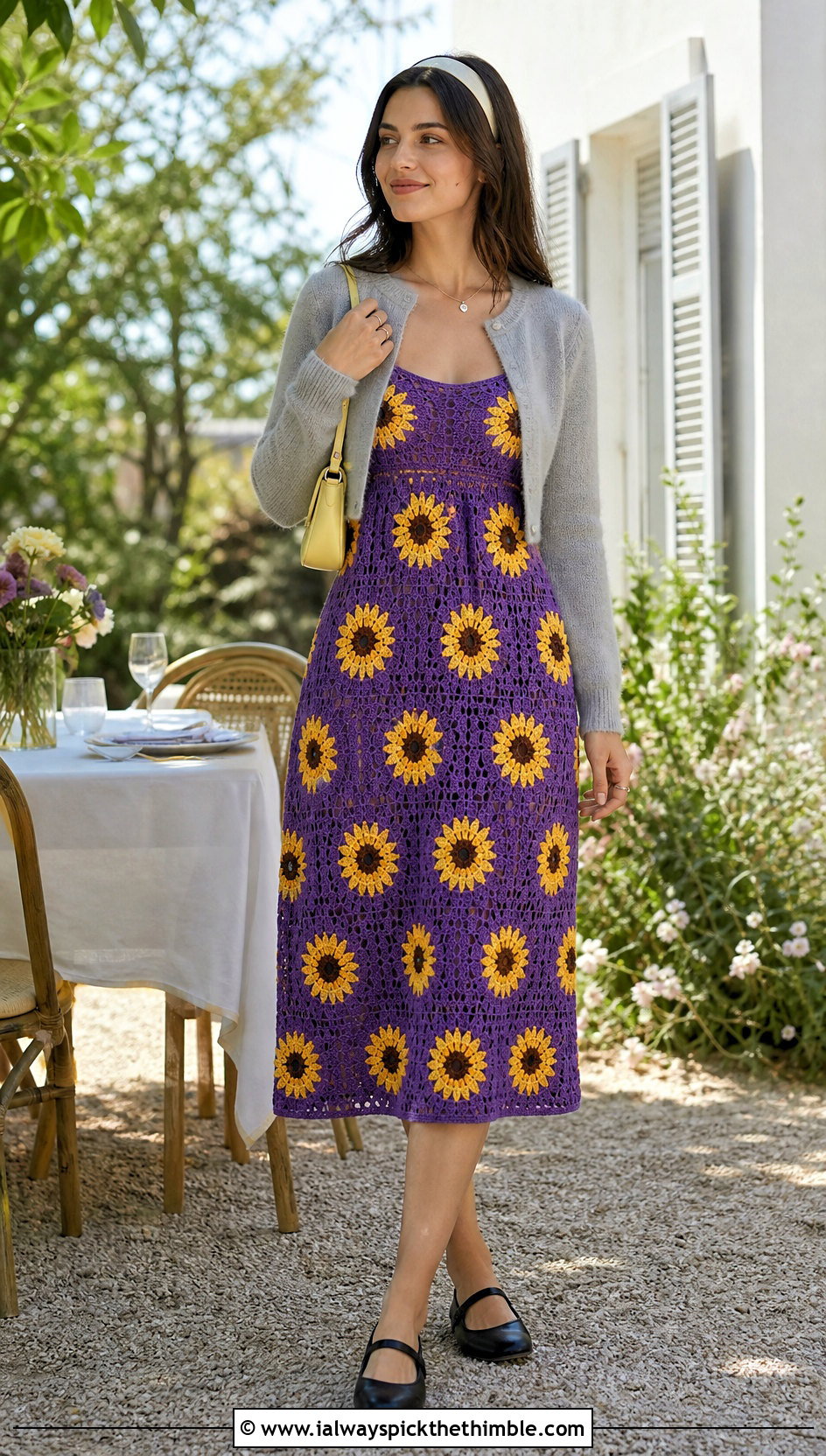 Empire Waist Crochet Sunflower Midi Dress With Ballet Flats - 25 crochet sunflower dress outfit ideas
