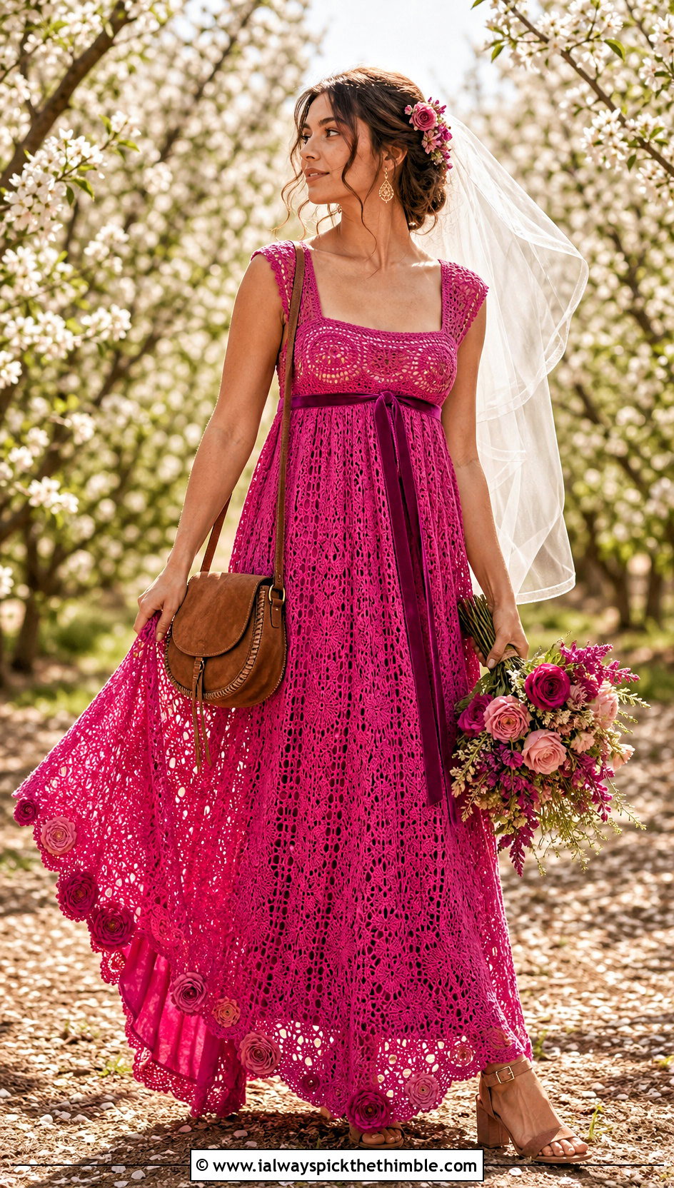 Empire Waist Crochet Wedding Dress With Suede Accessories - 20 vintage crochet wedding dress outfit ideas