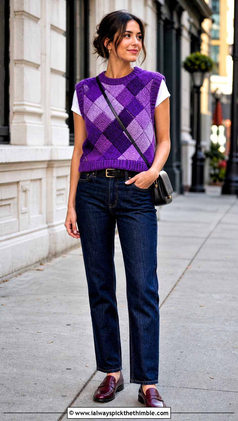Entrelac Tunisian Crochet Sweater Vest With Dark Straight Leg Jeans - 20 tunisian crochet sweater vest outfit ideas