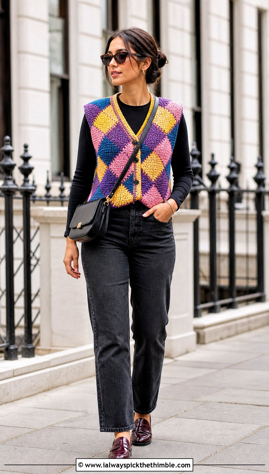 Entrelac Tunisian Crochet Vest With Straight Leg Jeans - 20 Tunisian Crochet Vest outfit ideas