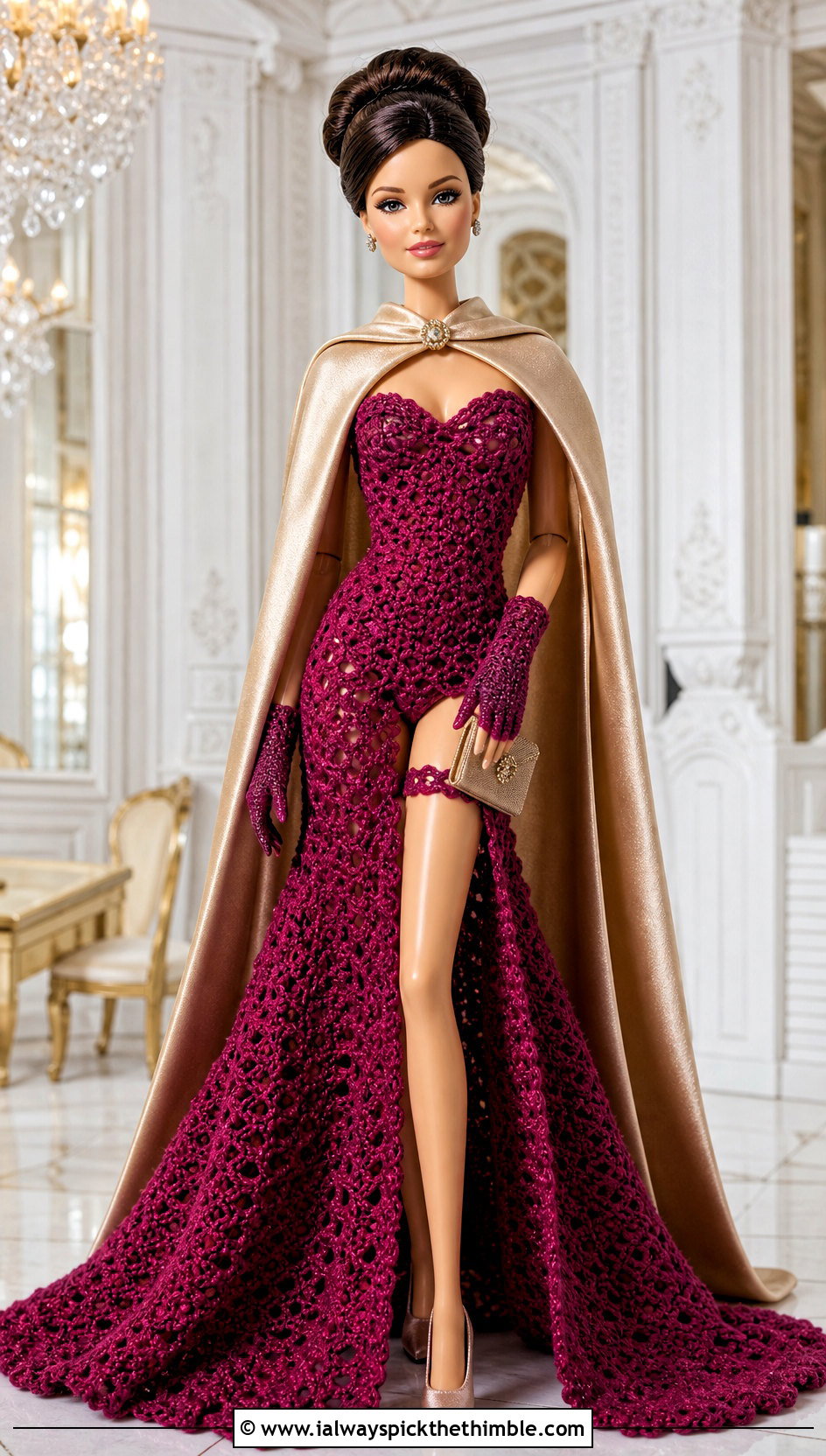 Evening Crochet Doll Gown And Lace Edge Panties With Satin Accessories - 15 crochet doll dress & panties outfit ideas