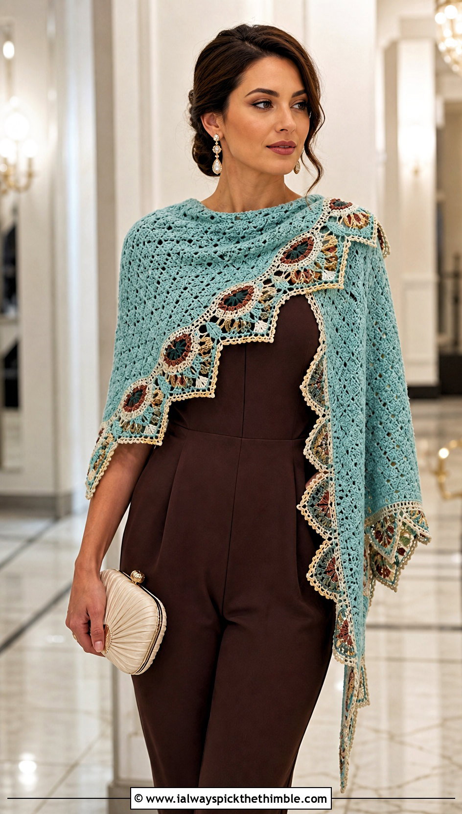 Evening Draped Fall River Crochet Shawl With a Tailored Jumpsuit - 20 Fall River Crochet Shawl outfit ideas