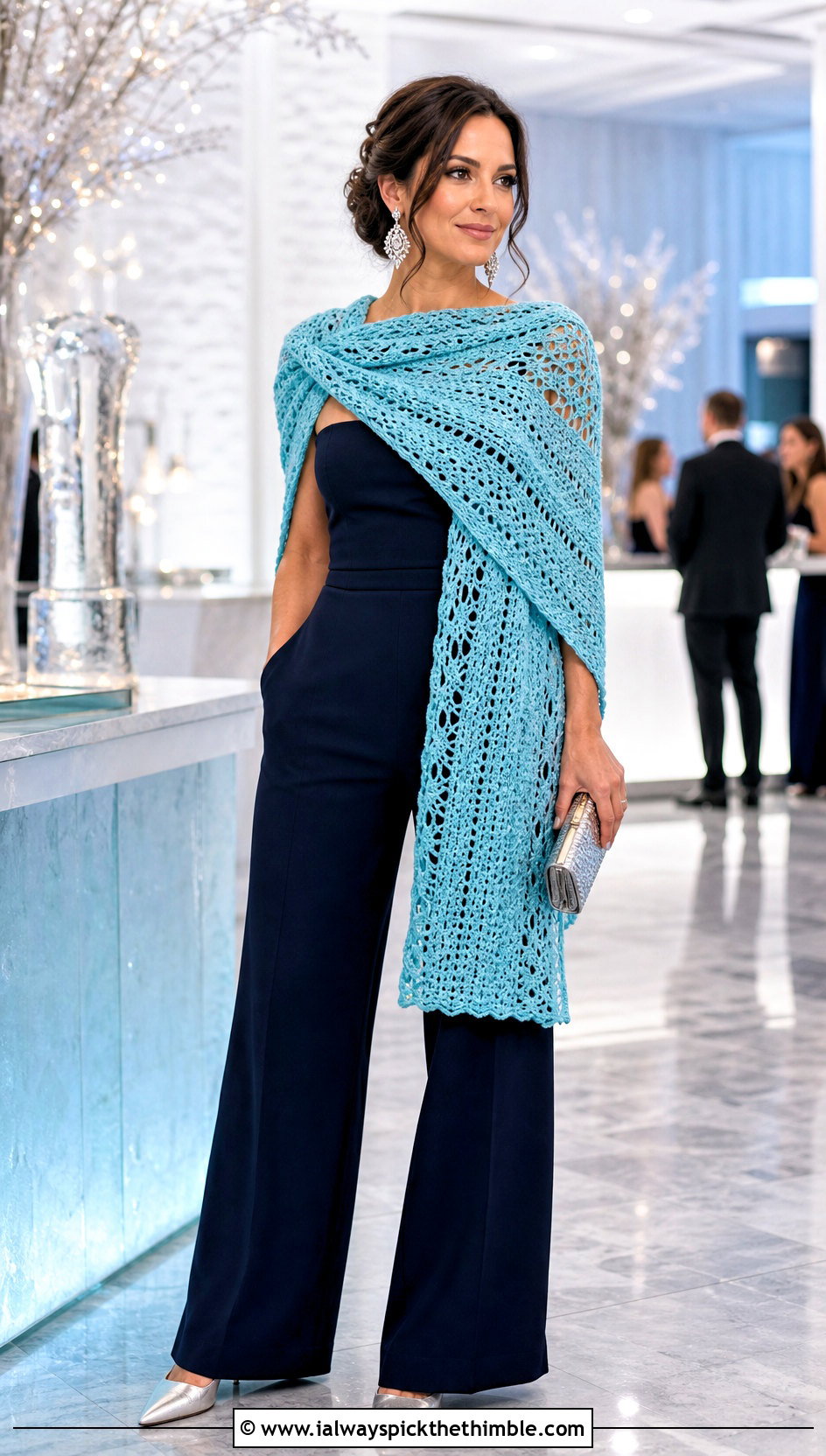 Evening Wrap Snowfall Crochet Sweater Scarf With Jumpsuit - 15 Snowfall Crochet Sweater Scarf outfit ideas