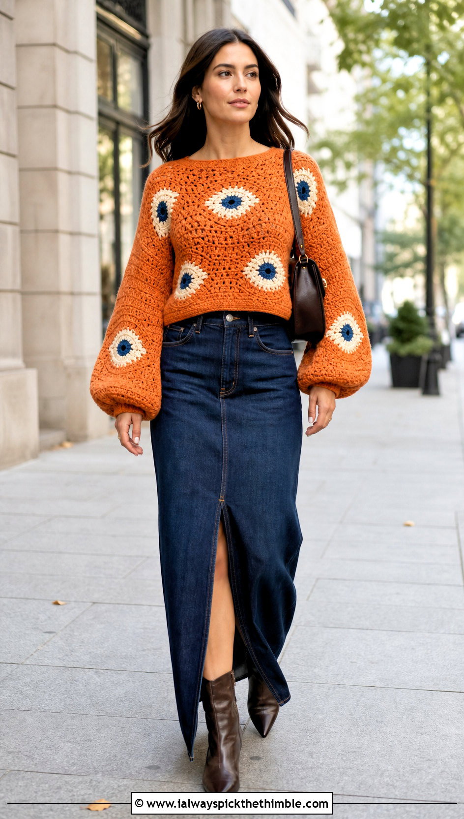 Evil Eye Balloon Sleeve Sweater With Denim Maxi Skirt - 20 Evil Eye Crochet Sweater outfit ideas