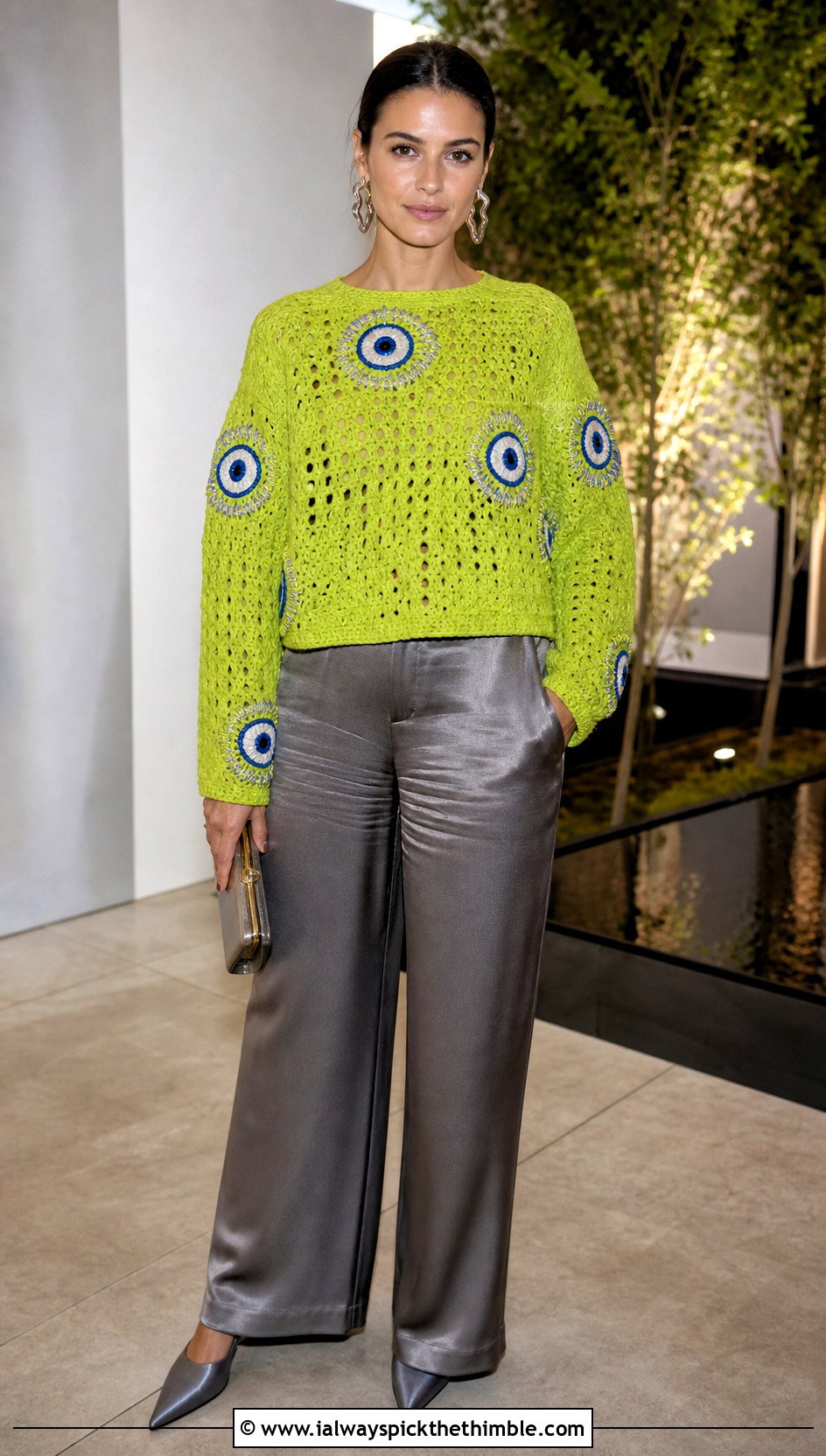Evil Eye Boxy Sweater With Satin Wide Leg Pants - 20 Evil Eye Crochet Sweater outfit ideas