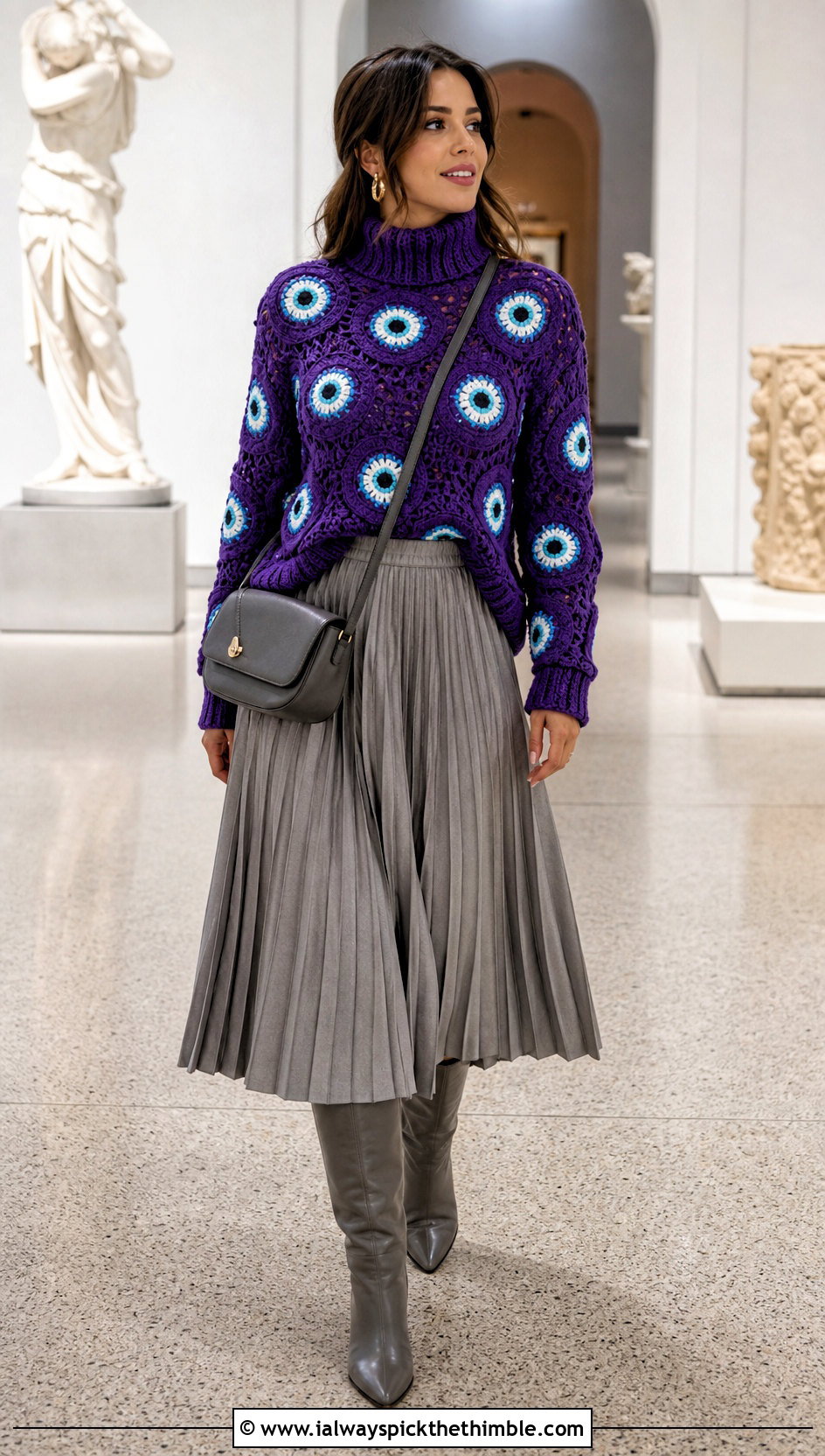 Evil Eye Mock Neck Sweater With Pleated Midi Skirt - 20 Evil Eye Crochet Sweater outfit ideas